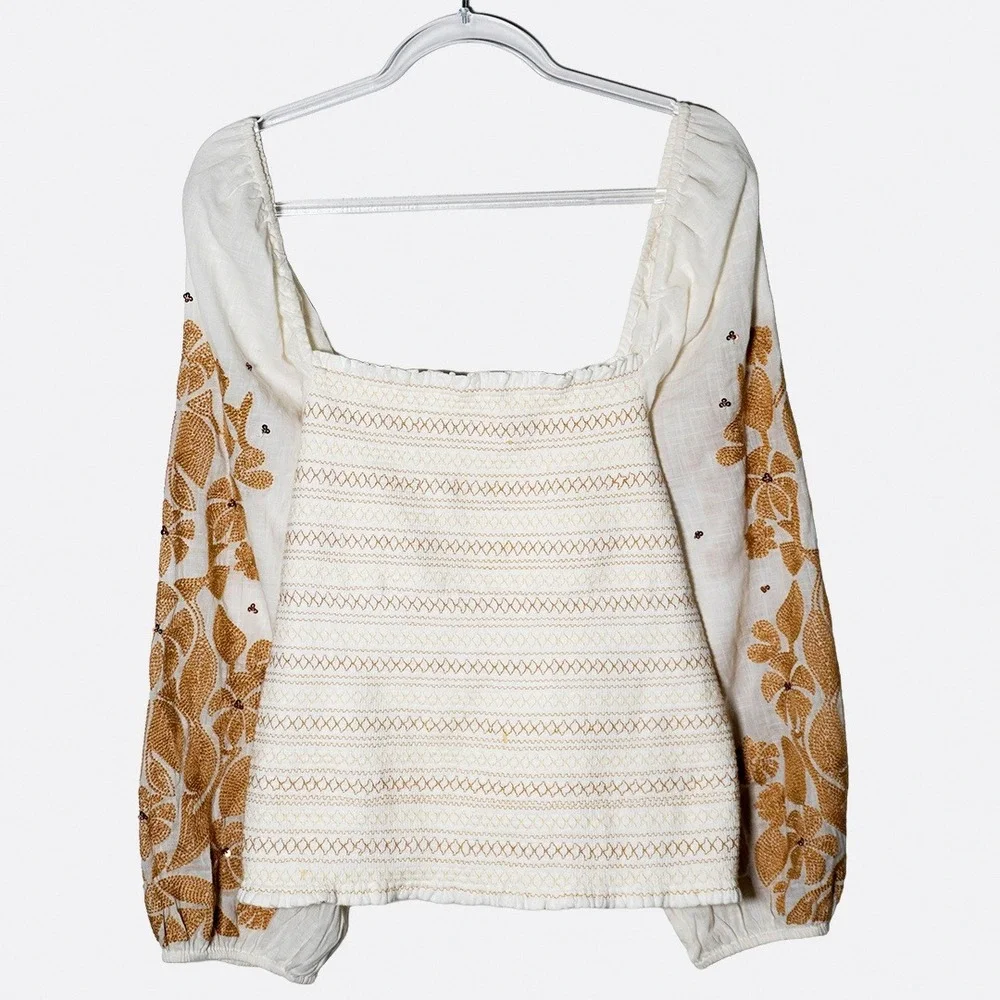 Anthropologie Boho Luxe Smocked Blouse‎ Tan Embroidery Plus Size 1X XL Romantic